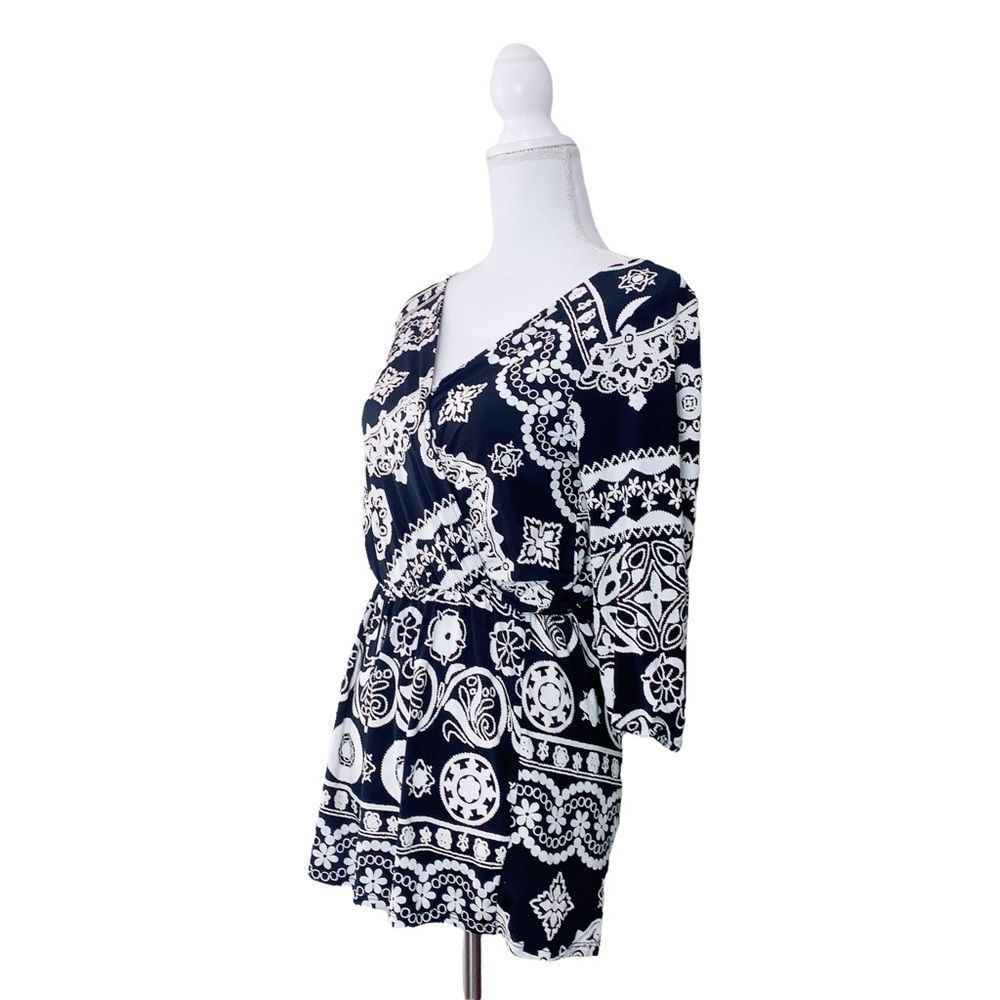 Sage Women's Small Floral Print 3/4 Sleeve Black White Romper Short Shorts - Picture 3 of 6
